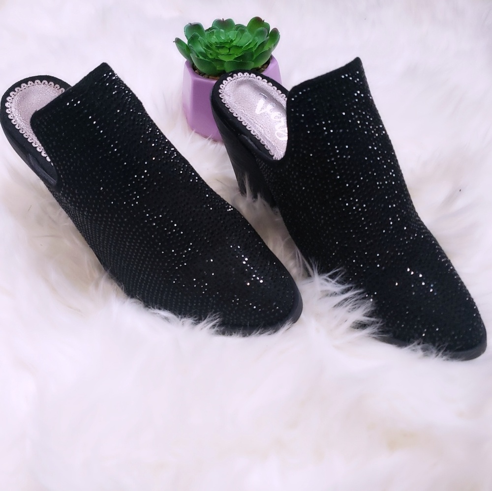 Sparkling Mules with Stacked Heel in Black